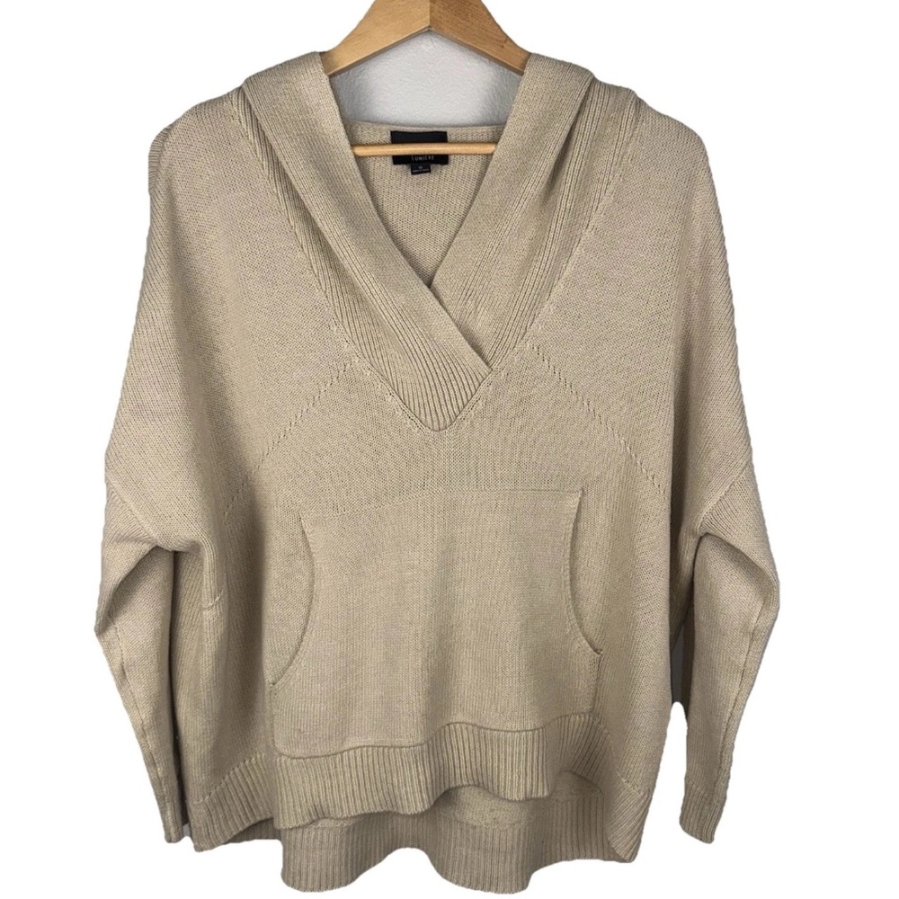 Lumiere Small Oversized Tan Sweater Hood Pocket VNeck Cozy Boho Minimalist Comfy
